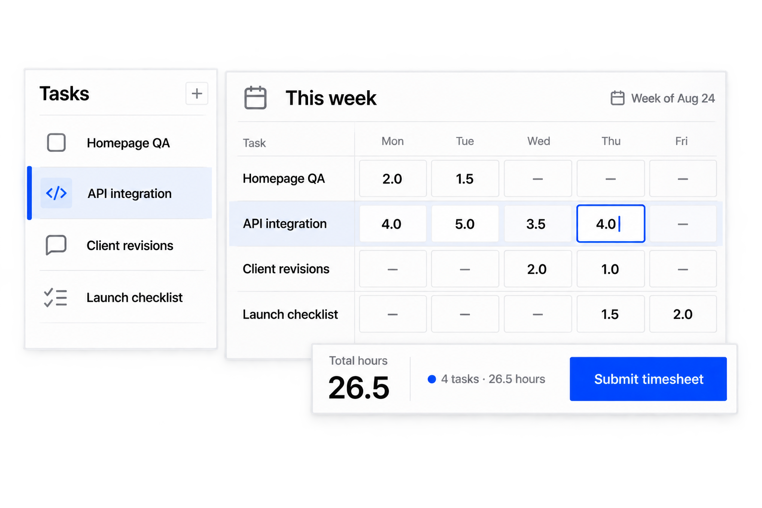 Workhint capture project time interface